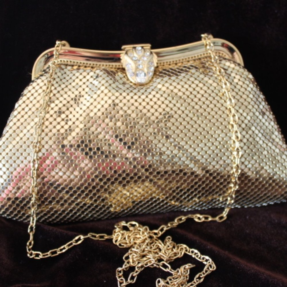 Vtg Whiting & Davis Gold Mesh Minaudiere Crossbody Purse